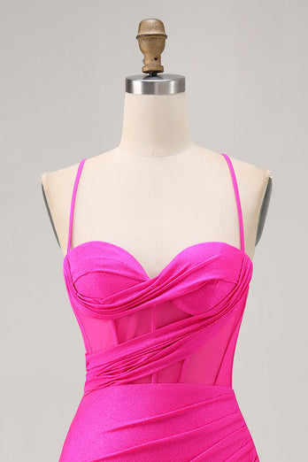 Fuchsia Spaghetti Straps Ruched Tight Short Corset Prom Dress