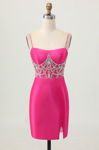 Sparkly Fuchsia Tight Satin Short Corset Prom Dress with Beading