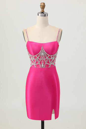 Sparkly Fuchsia Tight Satin Short Corset Prom Dress with Beading