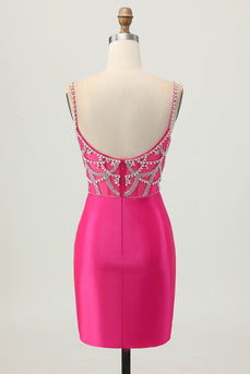 Sparkly Fuchsia Tight Satin Short Corset Prom Dress with Beading