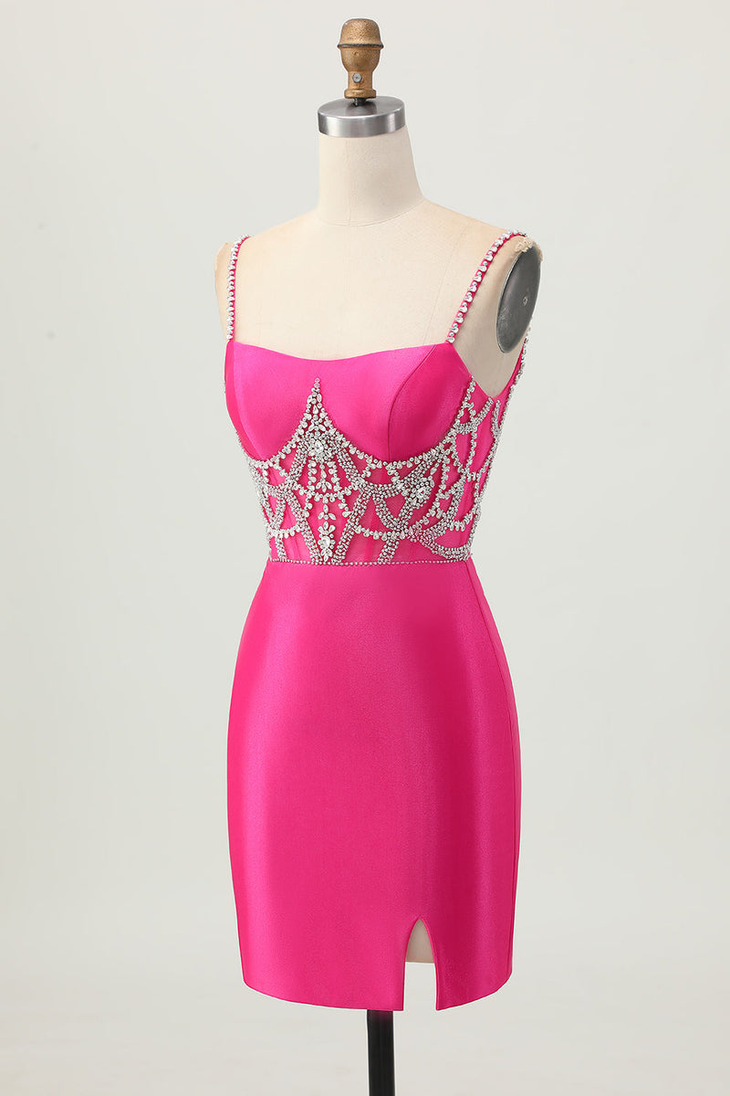 Load image into Gallery viewer, Sparkly Fuchsia Tight Satin Short Corset Prom Dress with Beading
