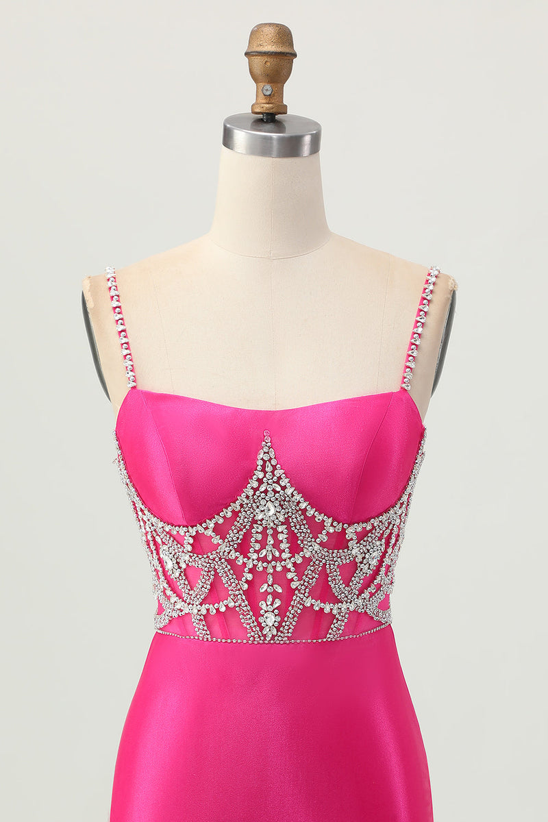 Load image into Gallery viewer, Sparkly Fuchsia Tight Satin Short Corset Prom Dress with Beading