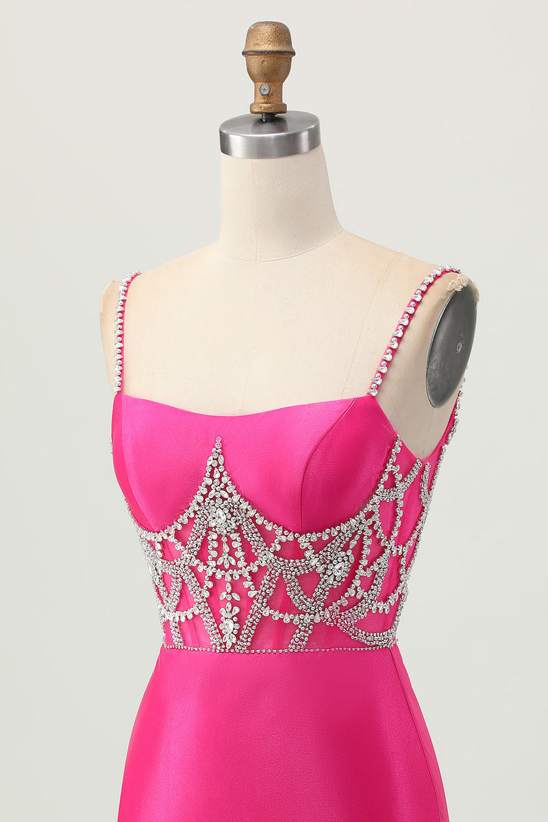 Load image into Gallery viewer, Sparkly Fuchsia Tight Satin Short Corset Prom Dress with Beading