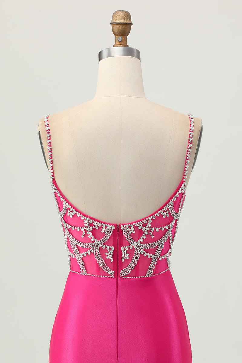 Load image into Gallery viewer, Sparkly Fuchsia Tight Satin Short Corset Prom Dress with Beading