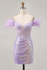 Load image into Gallery viewer, Sparkly Lilac Floral Tight Sequins Short Corset Prom Dress with Feathers