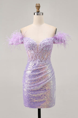 Sparkly Lilac Floral Tight Sequins Short Corset Prom Dress with Feathers