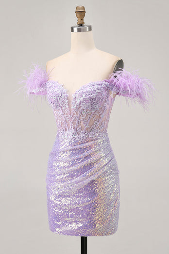 Sparkly Lilac Floral Tight Sequins Short Corset Prom Dress with Feathers