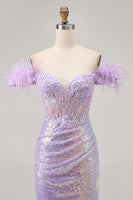 Load image into Gallery viewer, Sparkly Lilac Floral Tight Sequins Short Corset Prom Dress with Feathers