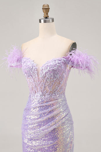 Sparkly Lilac Floral Tight Sequins Short Corset Prom Dress with Feathers