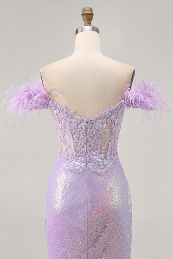 Sparkly Lilac Floral Tight Sequins Short Corset Prom Dress with Feathers