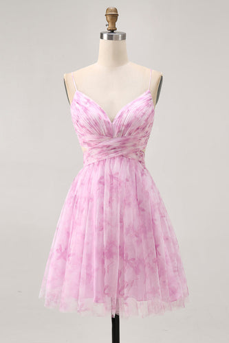 Pink Floral Lace-Up Back Ruched Short Prom Dress