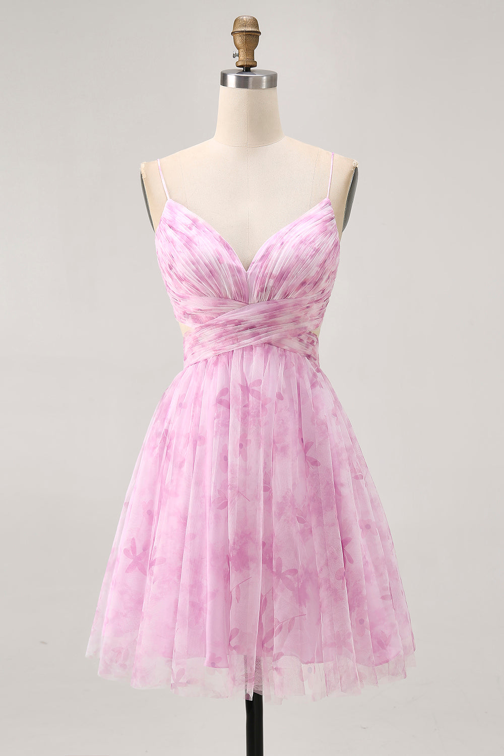 Pink Floral Lace-Up Back Ruched Short Prom Dress