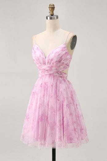 Pink Floral Lace-Up Back Ruched Short Prom Dress