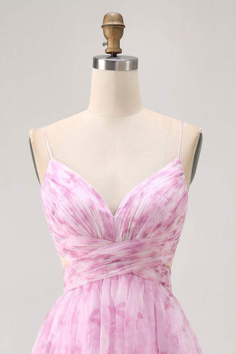 Load image into Gallery viewer, Pink Floral Lace-Up Back Ruched Short Prom Dress