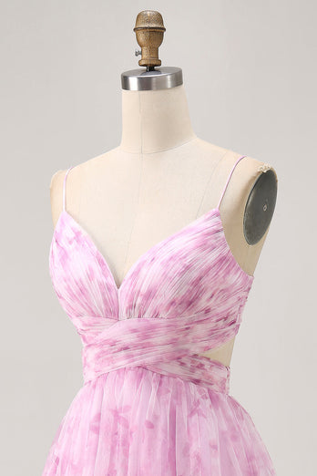 Pink Floral Lace-Up Back Ruched Short Prom Dress