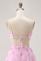 Load image into Gallery viewer, Pink Floral Lace-Up Back Ruched Short Prom Dress