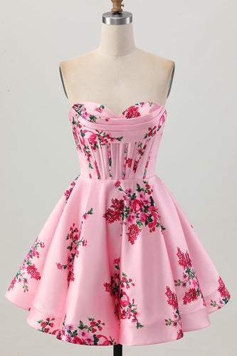 Floral Pink Sweetheart Satin Short Corset Prom Dress