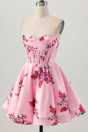 Floral Pink Sweetheart Satin Short Corset Prom Dress