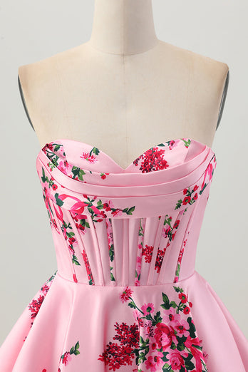 Floral Pink Sweetheart Satin Short Corset Prom Dress