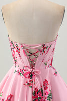 Load image into Gallery viewer, Floral Pink Sweetheart Satin Short Corset Prom Dress