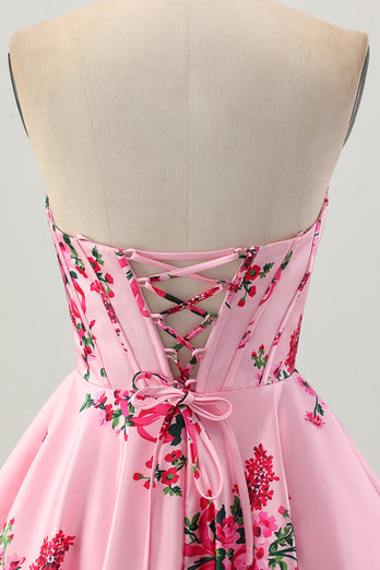 Floral Pink Sweetheart Satin Short Corset Prom Dress