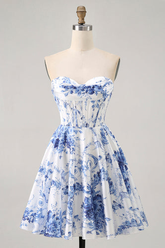 White Blue Flower Corset A Line Short Prom Dress
