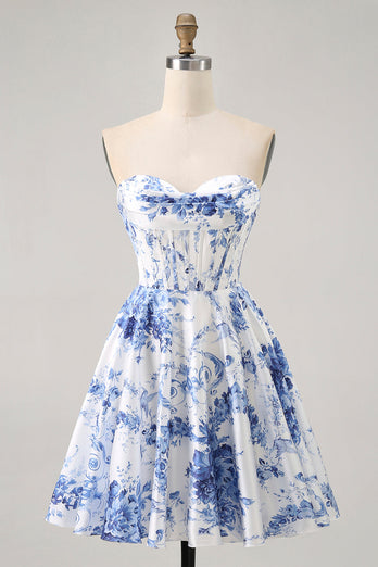 White Blue Flower Corset A Line Short Prom Dress