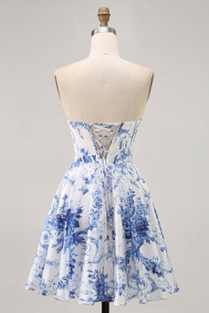 White Blue Flower Corset A Line Short Prom Dress