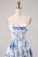 Load image into Gallery viewer, White Blue Flower Corset A Line Short Prom Dress