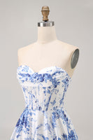 Load image into Gallery viewer, White Blue Flower Corset A Line Short Prom Dress