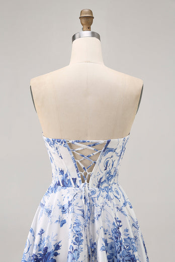 White Blue Flower Corset A Line Short Prom Dress