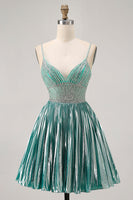 Load image into Gallery viewer, Sparkly Green A Line Metallic Short Prom Dress with Beading