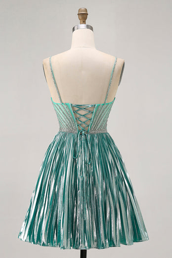 Sparkly Green A Line Metallic Short Prom Dress with Beading