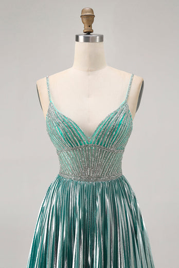 Sparkly Green A Line Metallic Short Prom Dress with Beading