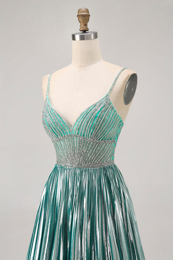 Sparkly Green A Line Metallic Short Prom Dress with Beading