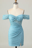 Load image into Gallery viewer, Sparkly Blue Cold Shoulder Tight Short Corset Prom Dress