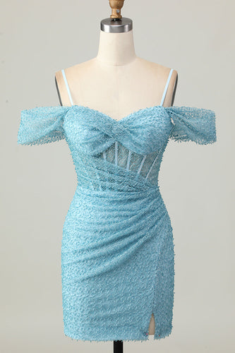 Sparkly Blue Cold Shoulder Tight Short Corset Prom Dress