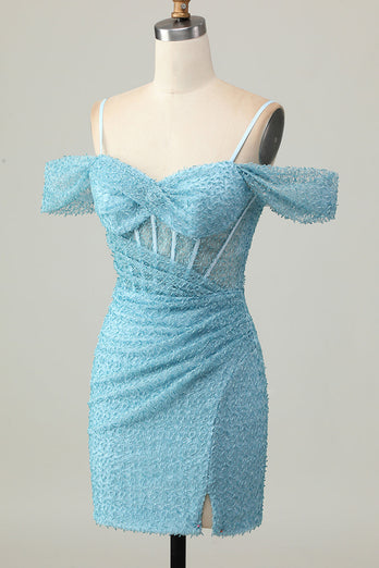 Sparkly Blue Cold Shoulder Tight Short Corset Prom Dress