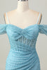 Load image into Gallery viewer, Sparkly Blue Cold Shoulder Tight Short Corset Prom Dress