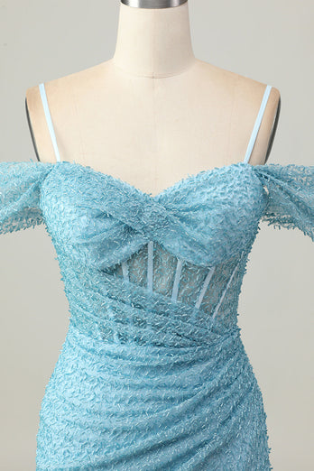 Sparkly Blue Cold Shoulder Tight Short Corset Prom Dress