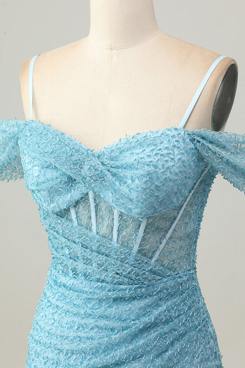 Load image into Gallery viewer, Sparkly Blue Cold Shoulder Tight Short Corset Prom Dress