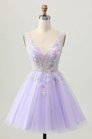 Load image into Gallery viewer, Sparkly Lilac V-Neck Tulle Floral Short Prom Dress with Beading