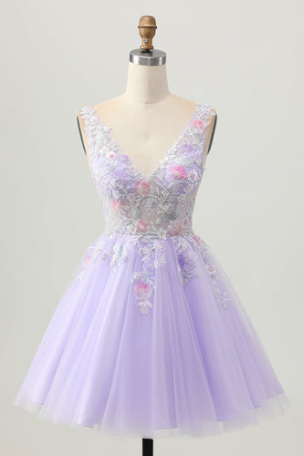 Sparkly Lilac V-Neck Tulle Floral Short Prom Dress with Beading