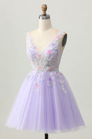 Load image into Gallery viewer, Sparkly Lilac V-Neck Tulle Floral Short Prom Dress with Beading