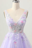 Load image into Gallery viewer, Sparkly Lilac V-Neck Tulle Floral Short Prom Dress with Beading