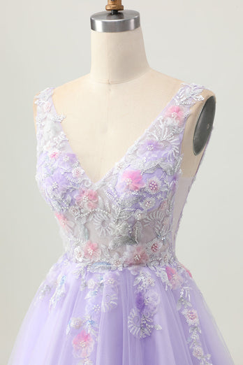 Sparkly Lilac V-Neck Tulle Floral Short Prom Dress with Beading