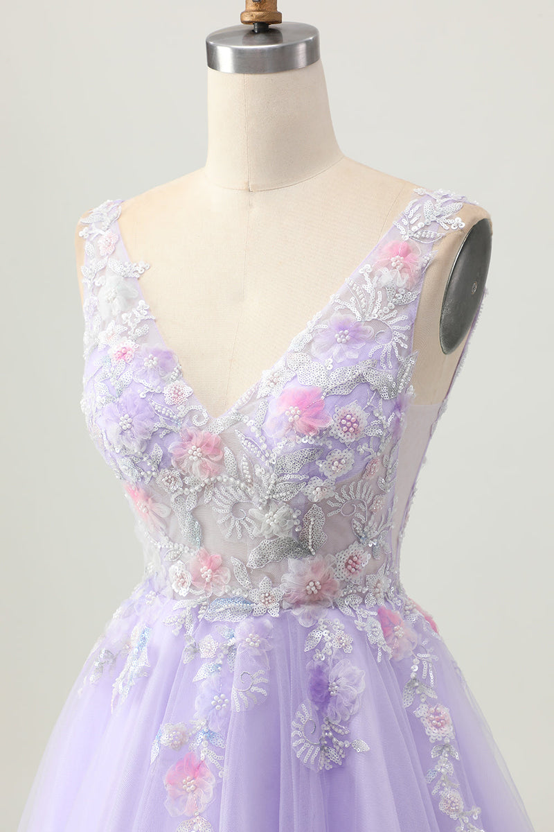 Load image into Gallery viewer, Sparkly Lilac V-Neck Tulle Floral Short Prom Dress with Beading