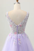 Load image into Gallery viewer, Sparkly Lilac V-Neck Tulle Floral Short Prom Dress with Beading