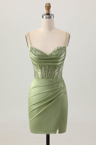 Sage Green Corset Tight Satin Short Prom Dress with Lace