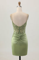 Load image into Gallery viewer, Sage Green Corset Tight Satin Short Prom Dress with Lace